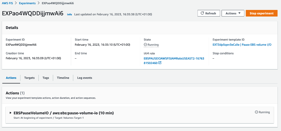 This image shows that the experiment is currently in running state.