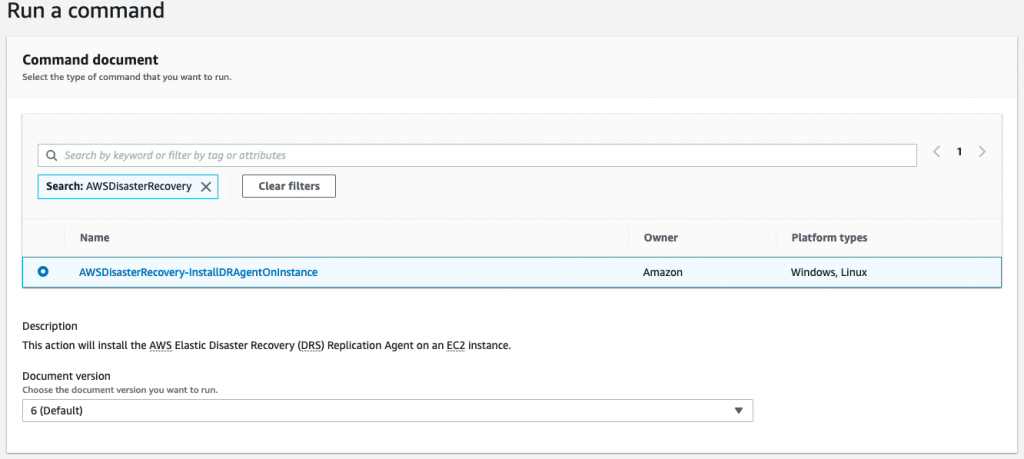 Systems Manager AWSDisasterRecovery-InstallDRAgentOnInstance AWS Managed document