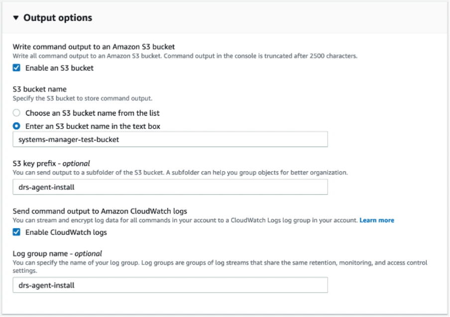Systems Manager Run Command Output Options