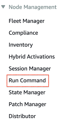 Systems Manager navigation pane highlighting Run Command