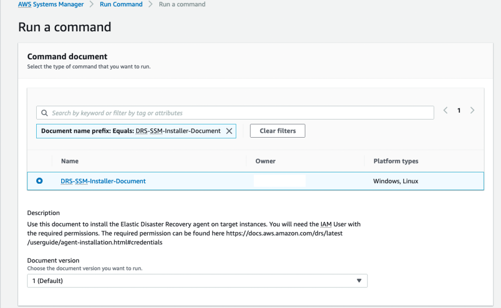 Systems Manager Custom document Run Command