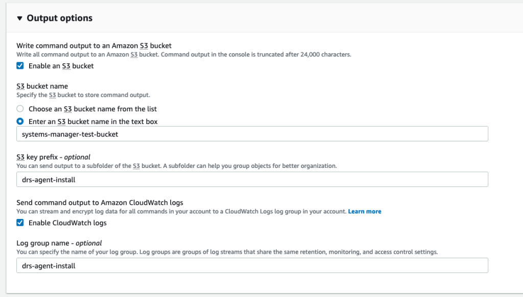 Systems Manager Run Command Output Options