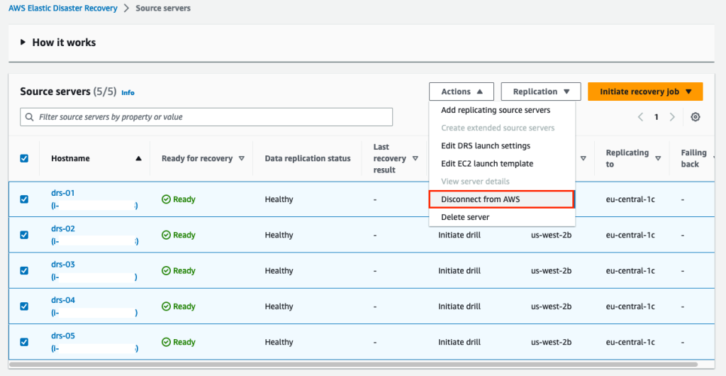 Elastic Disaster Recovery disconnect source servers