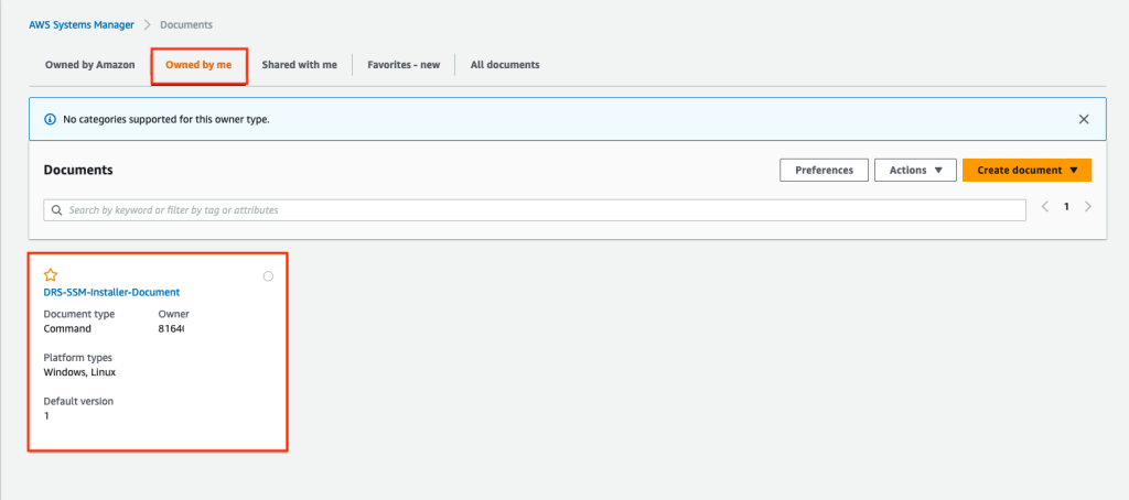 Systems Manager Custom document created by running the CloudFormation template