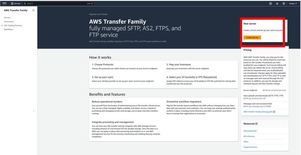 AWS Transfer Family, and selected Create Server.