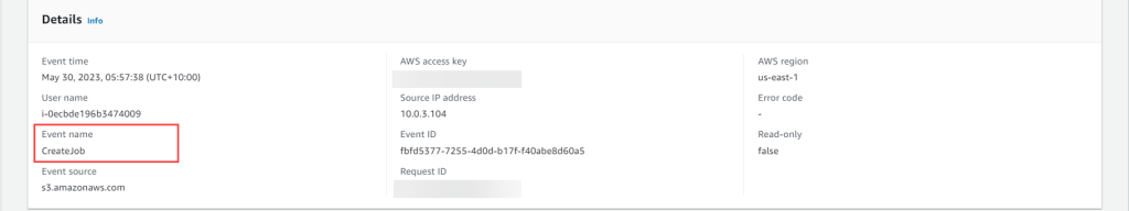 Figure 11 - Amazon CloudTrail example Log Entry for s3:CreateJob request created by Commvault