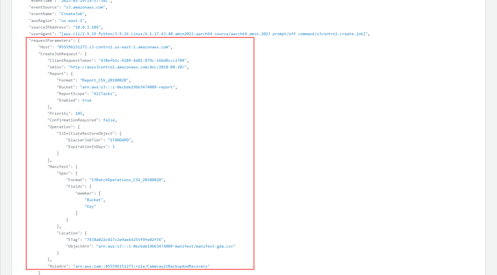 Figure 12 - Amazon CloudTrail example Log Body for s3:CreateJob request created by Commvault