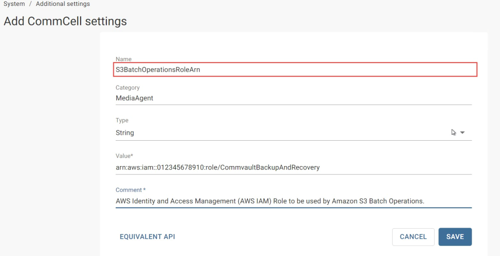 Figure 8 - Setting Amazon S3 Batch Operations Role ARN via additional setting