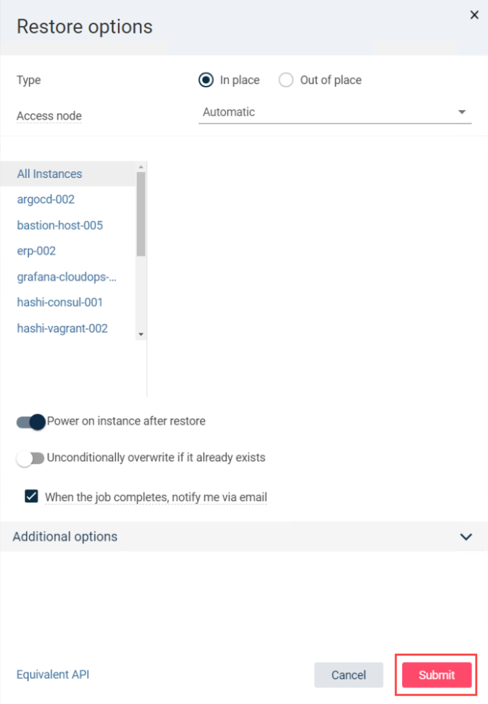 Figure 9 – Commvault Restore options for Amazon EC2 instances