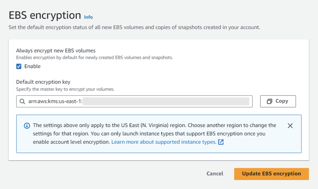 This is a screenshot that shows the default EBS encryption key is changed to sharable customer managed key.