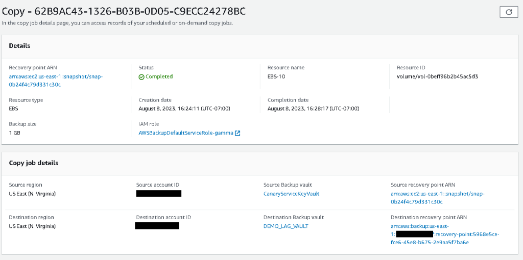 Details of the copied recovery point using the Destination Recovery point ARN