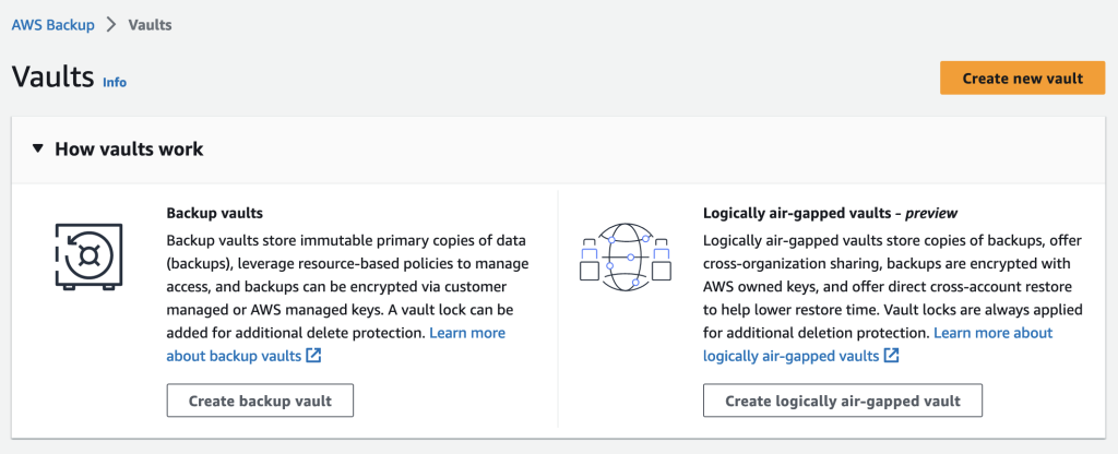 Create a new logically air-gapped vault from the Vaults menu