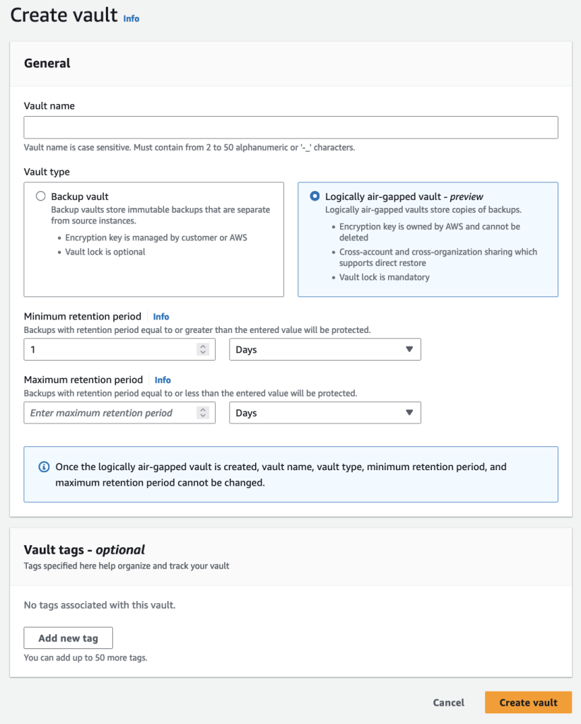 Create vault and assign name, vault type, and retention periods
