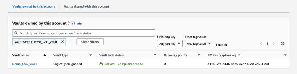 Search by vault name for newly created logically air-gapped vault