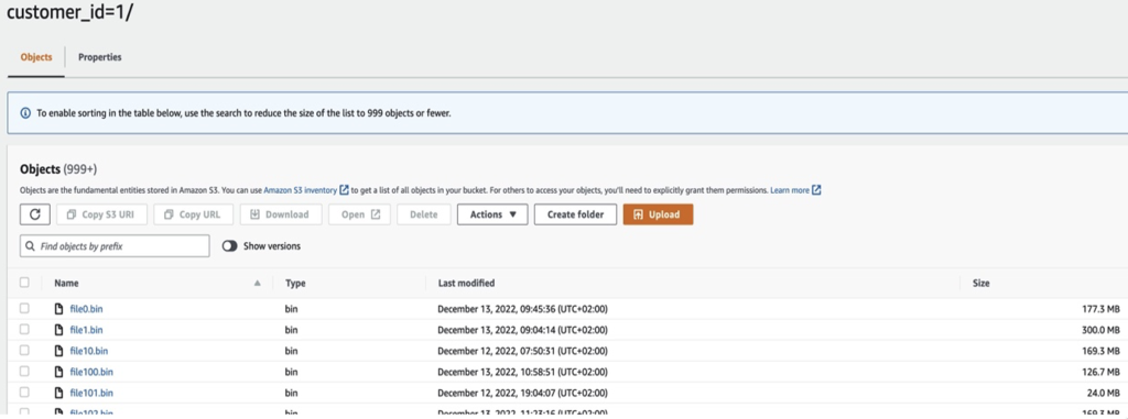 Content of the prefix “customer_id-1”. Different files with different sizes