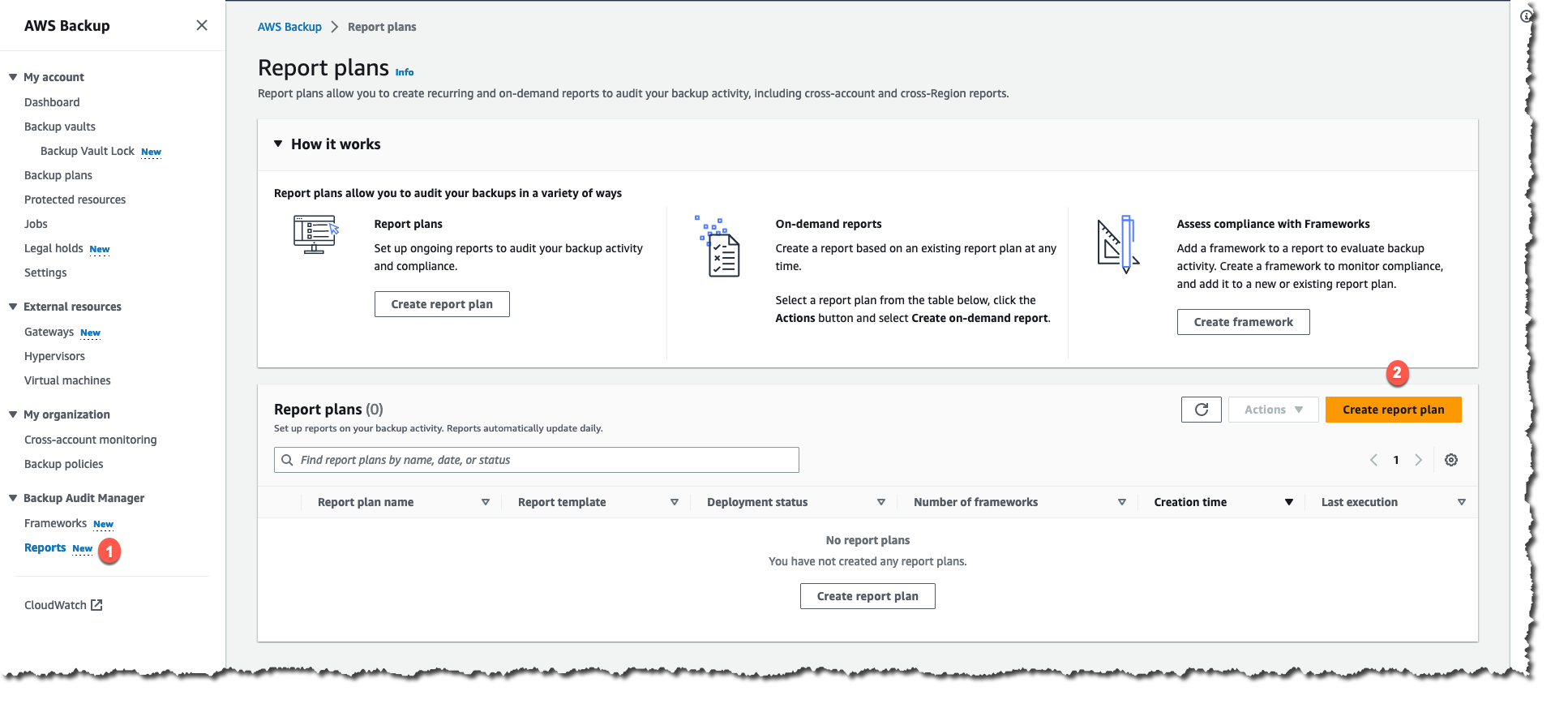 AWS Backup report plans page