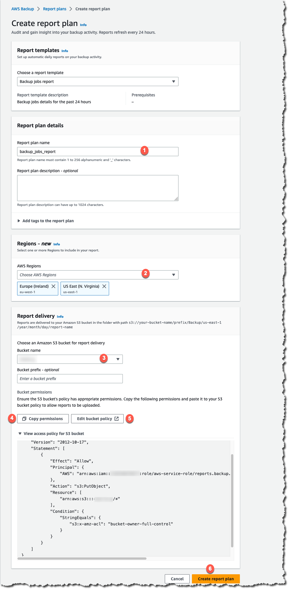 AWS Backup report plan creation wizard