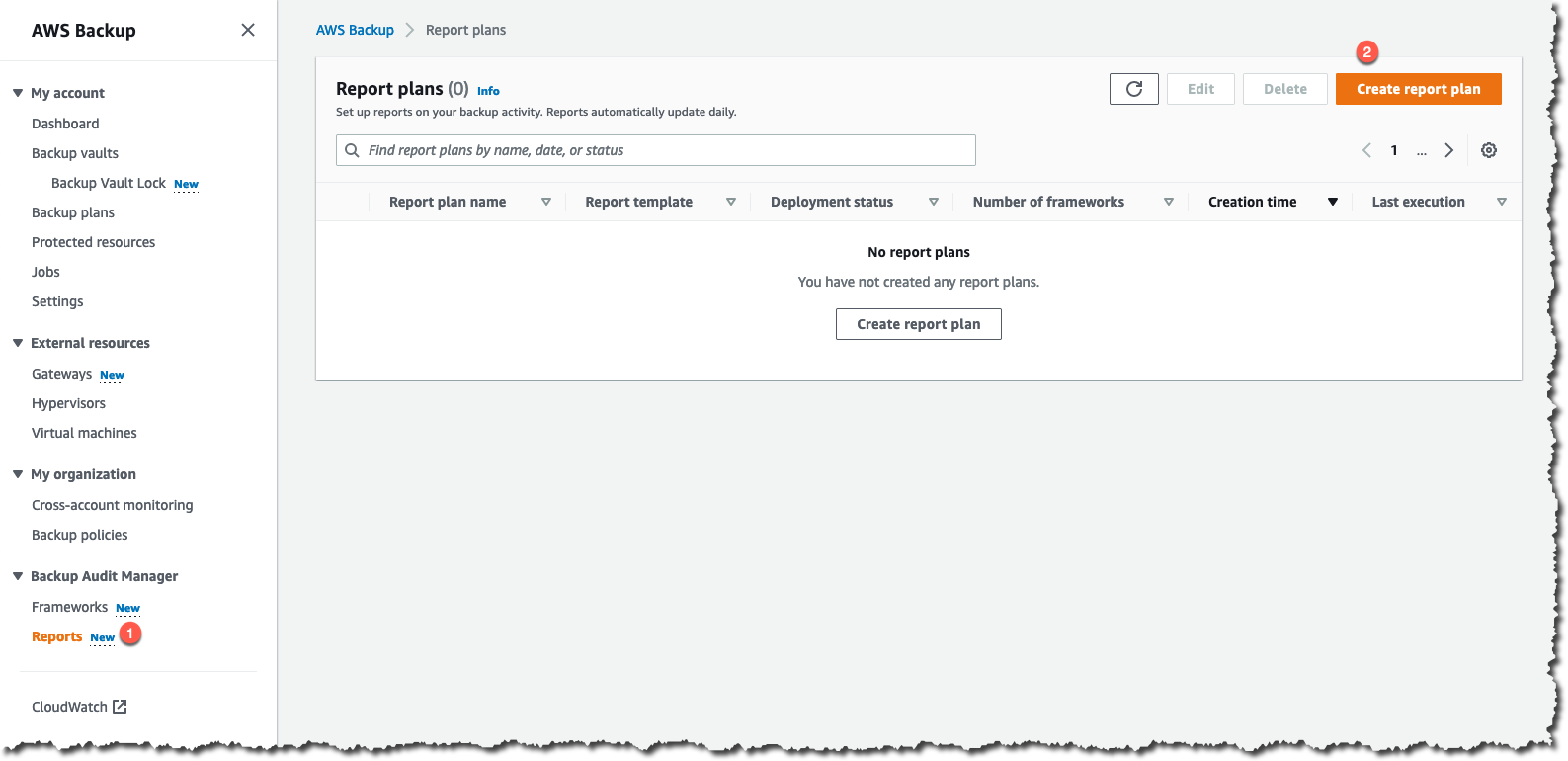 AWS Backup report plans page for management account