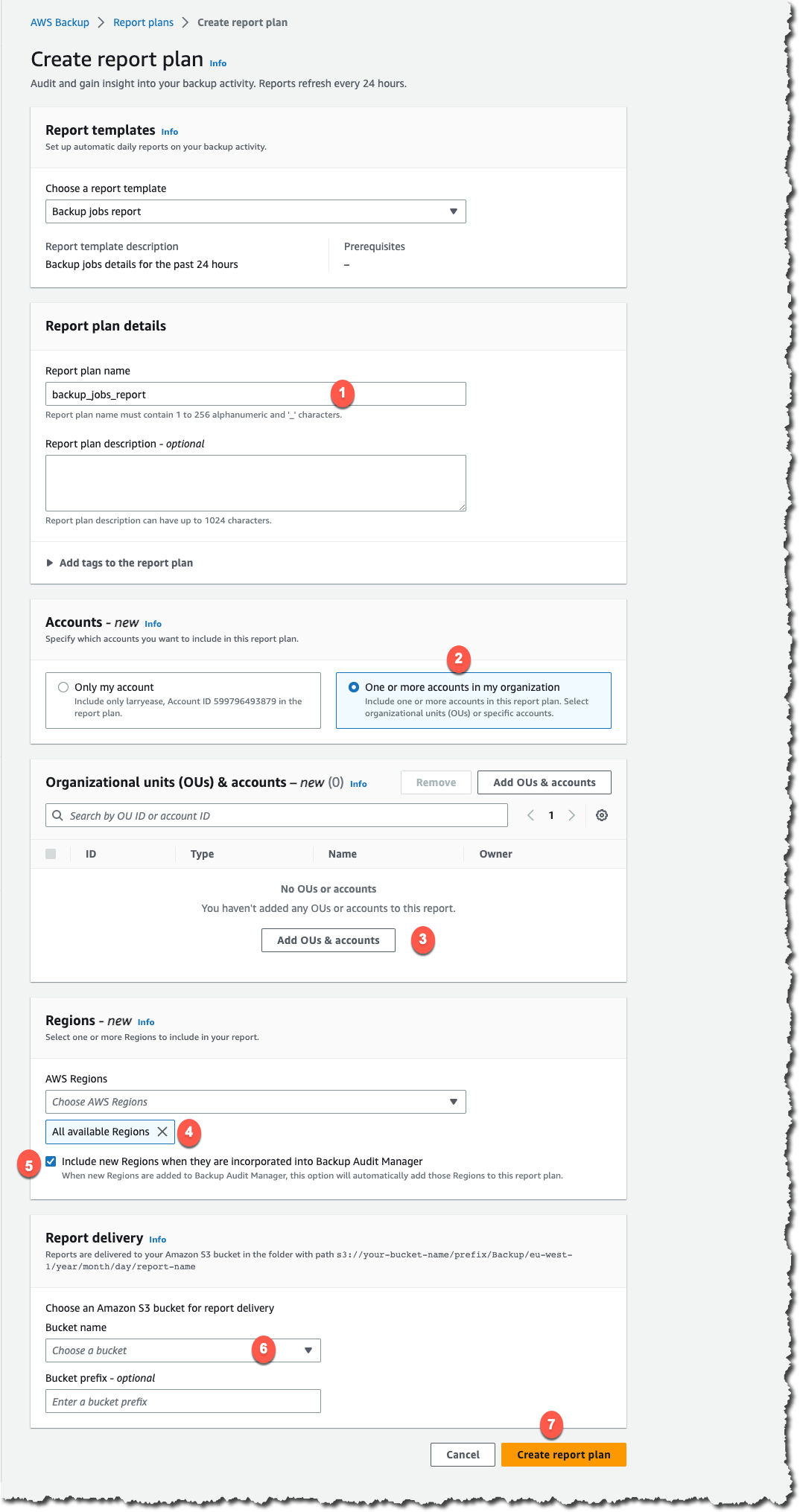 AWS Backup report plan creation wizard for management account