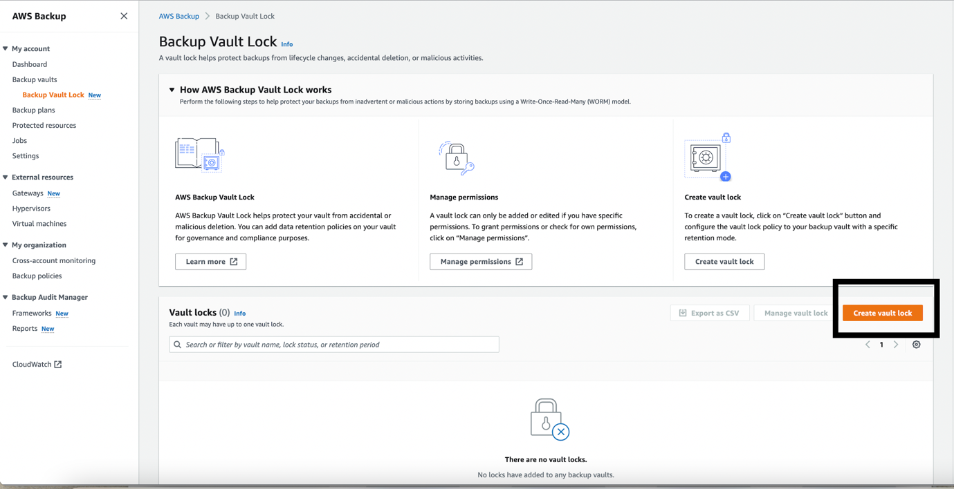 AWS Backup Management Console to create Vault Lock
