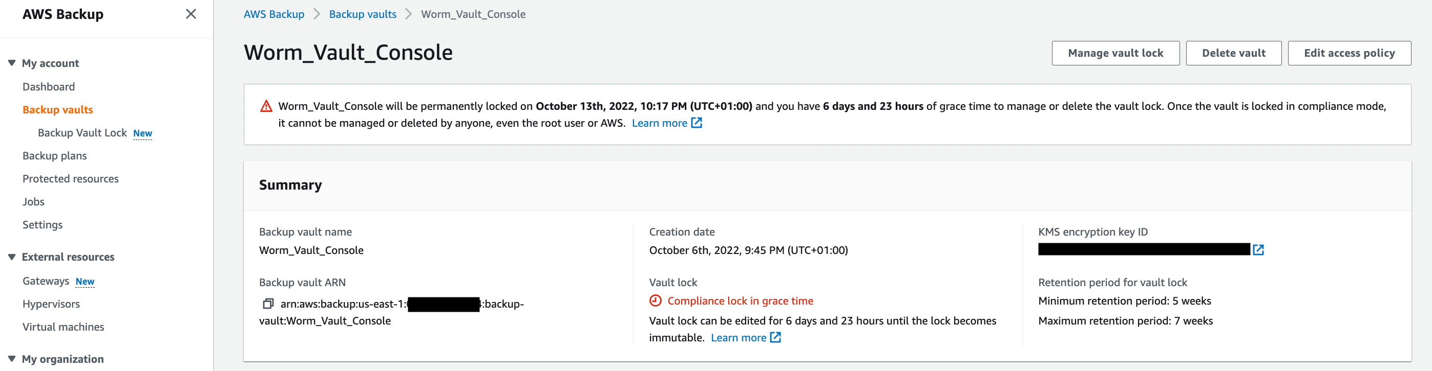 Backup Vault Lock details including creation date, grace time, and retention period