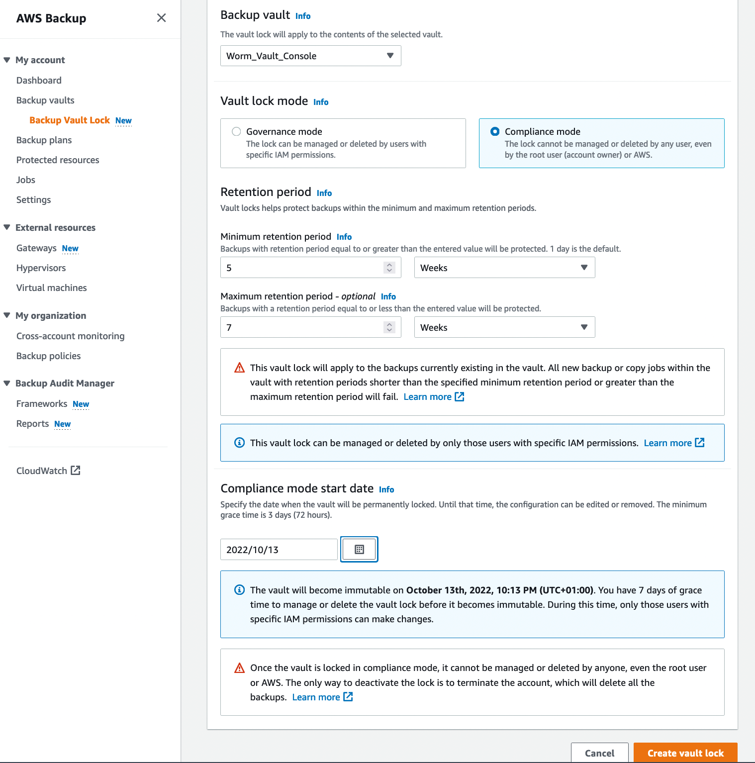 Backup Vault Lock setting configuration