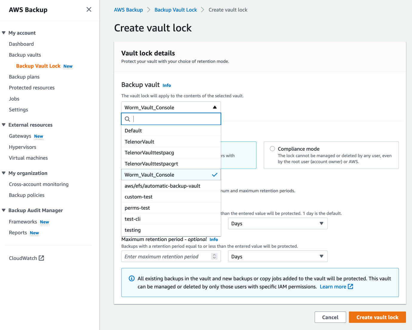Create Vault Lock AWS Backup Management Console