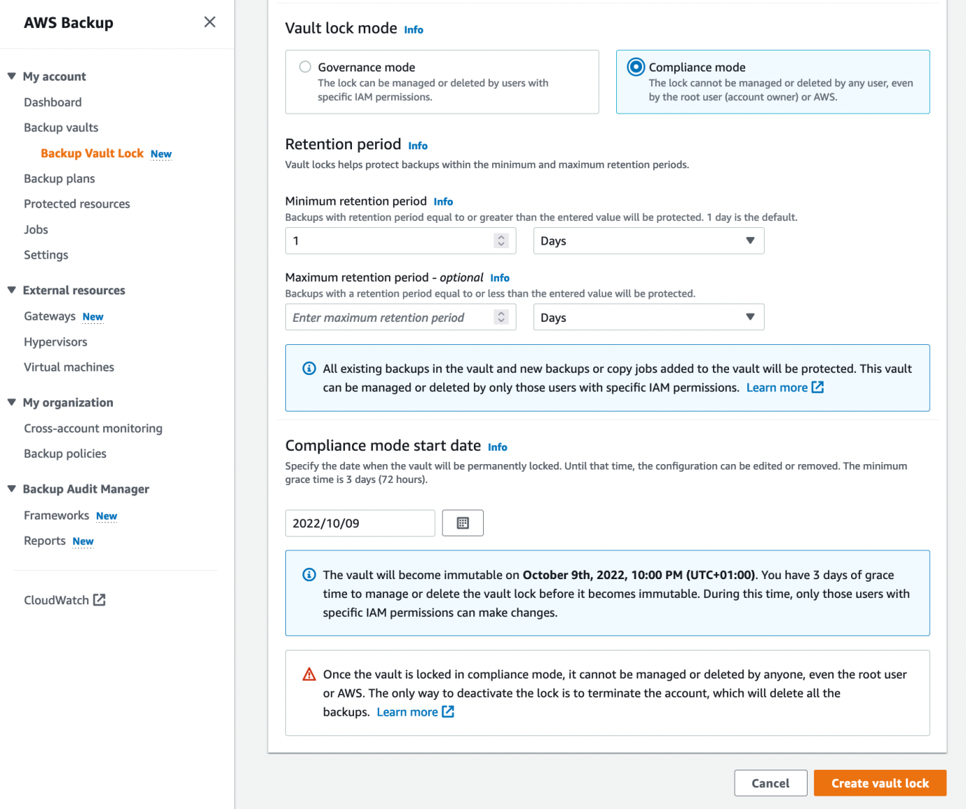 Details of Compliance Vault Lock mode configuration including creation date, grace time, and retention period