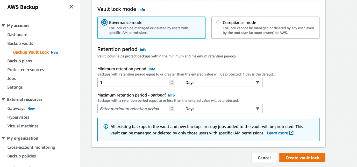 Details of Governance Vault Lock mode including creation date and retention period