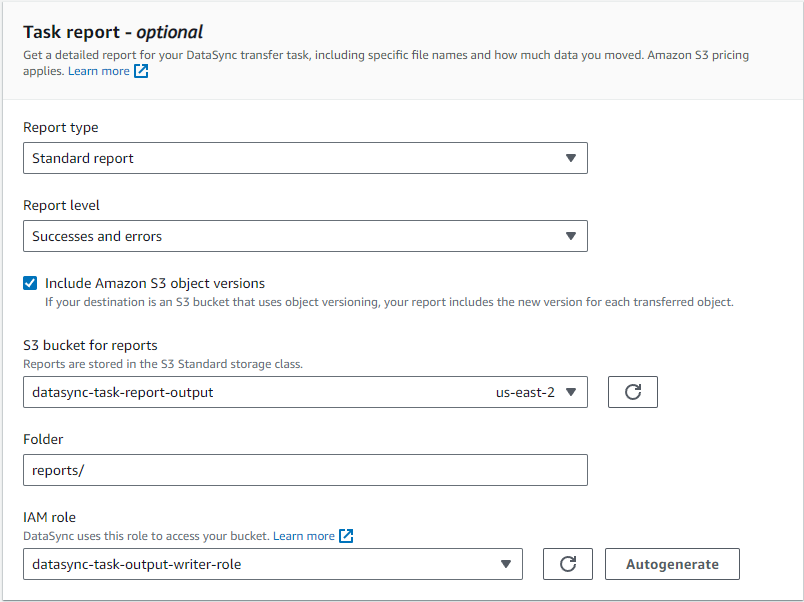 Task reports configuration during the creation of DataSync task 