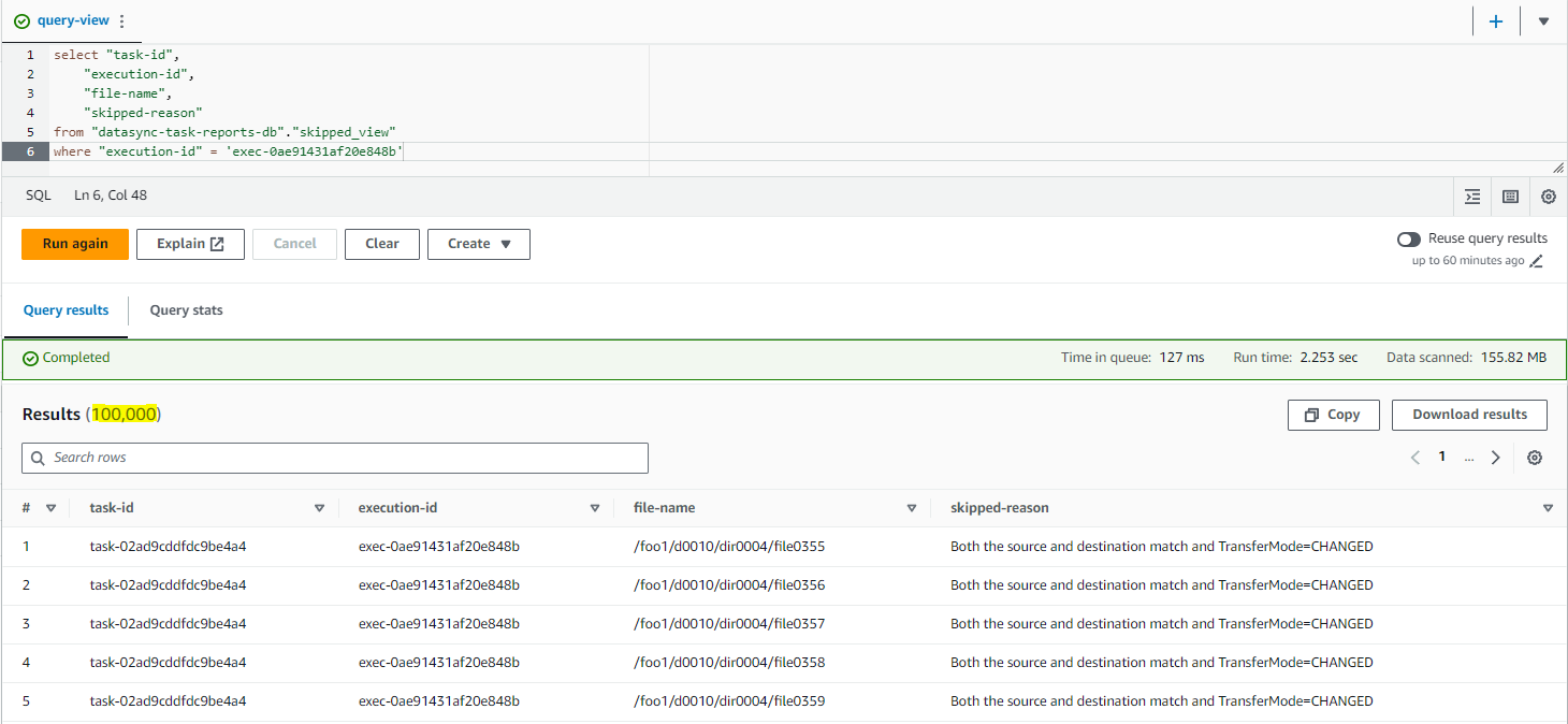 SQL query results showing the total skipped files in a DataSync task execution, when queried against the custom database view for summary report