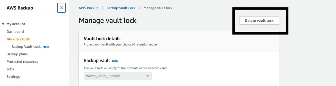 Manage Vault Lock Page to Delete Vault Lock if in Grace time period.
