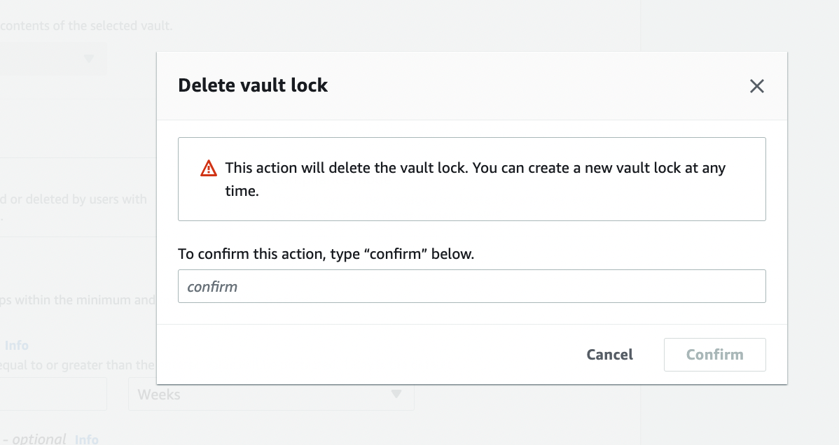 Type confirm to delete vault lock.