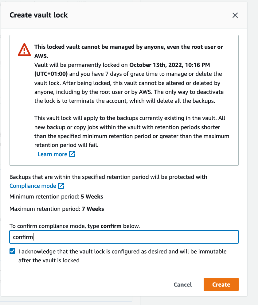 Pop-up to confirm Create Vault Lock