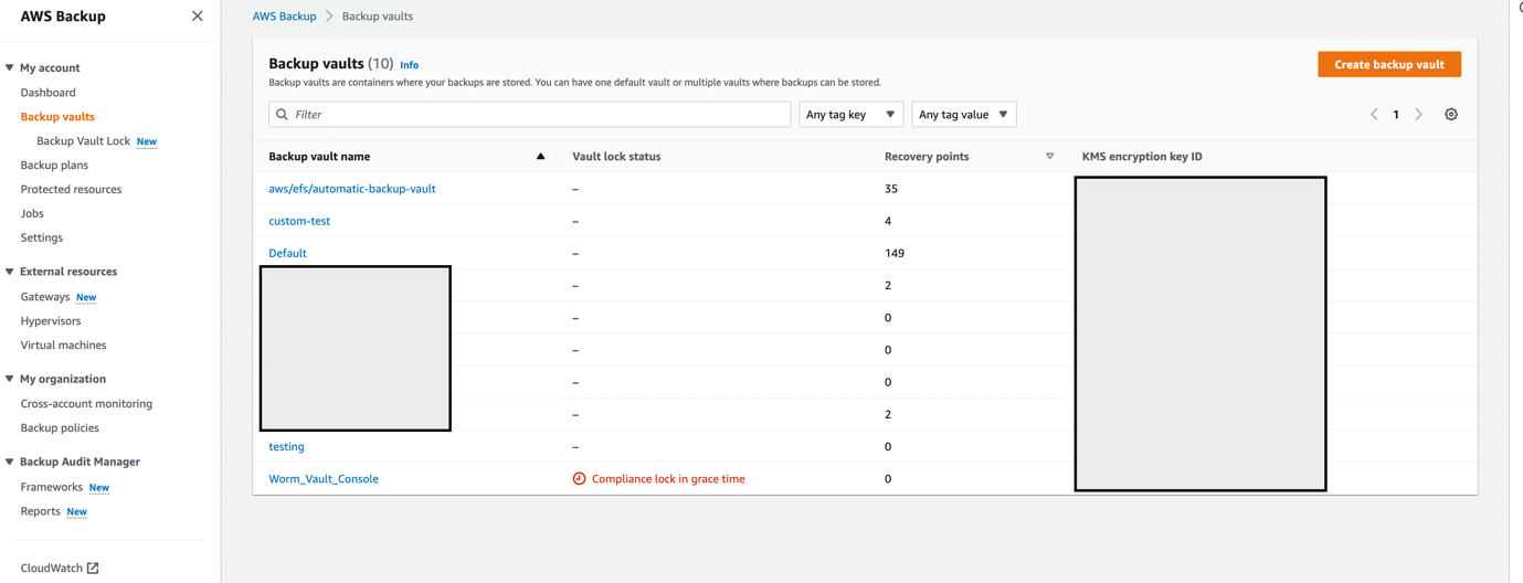 Vault Lock Status for each Backup Vault