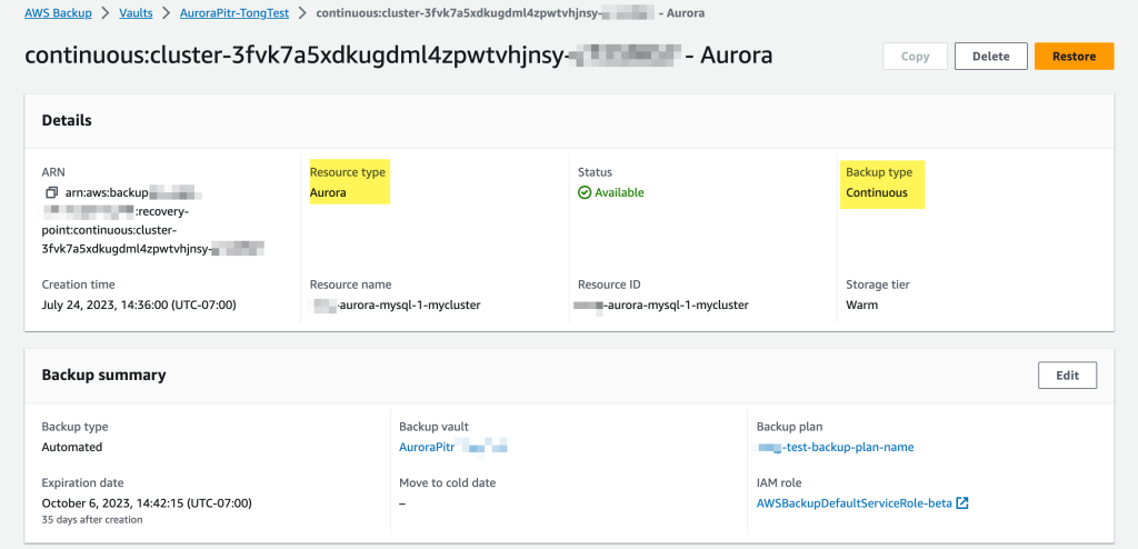 Aurora database recovery point details