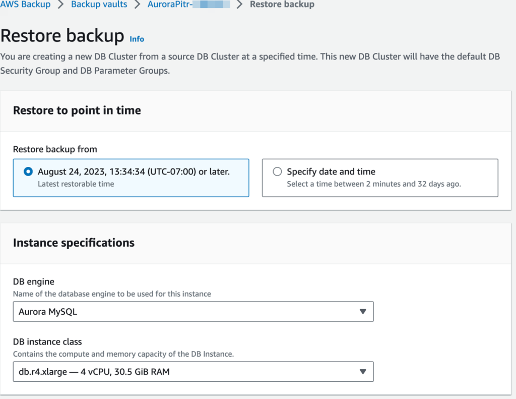 Restore backup section, showing point in time options to restore Aurora cluster