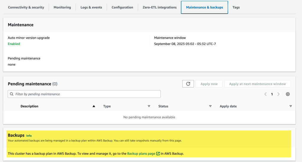 Maintenance & Backups section, showing that Backups are managed under AWS Backup for the Aurora instance