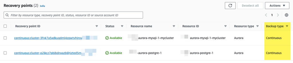 Aurora backups in AWS Backup vault showing them being continuous 