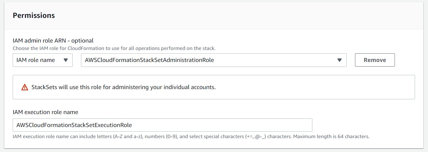 Enter IAM admin role and IAM Execution role name for your StackSet