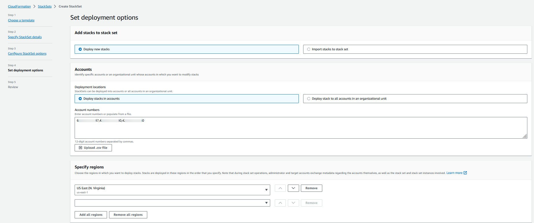 Enter accounts you want to deploy the StackStet in and provide region as US EAST (N VIrginia)