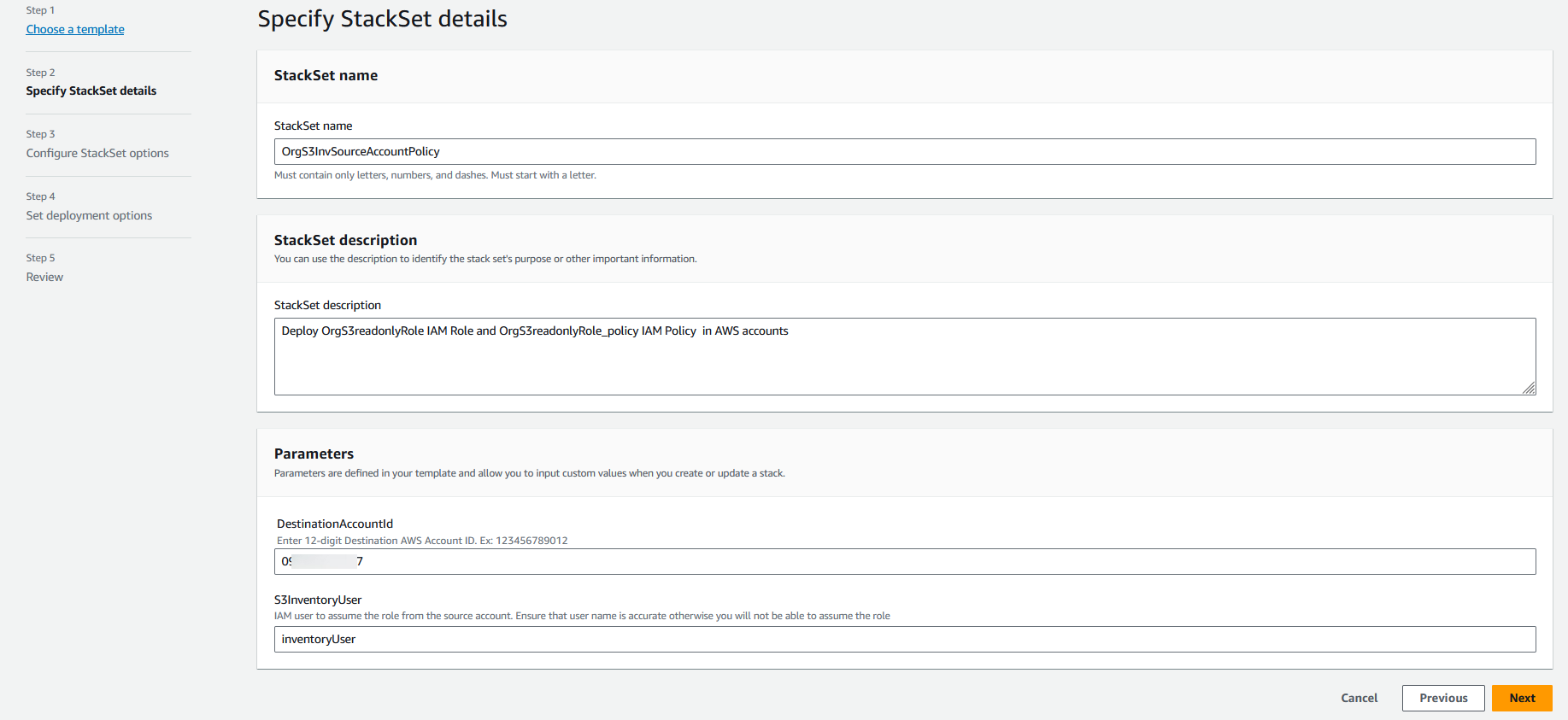 Example StackSet name, description, destination account id and S3InventoryUser