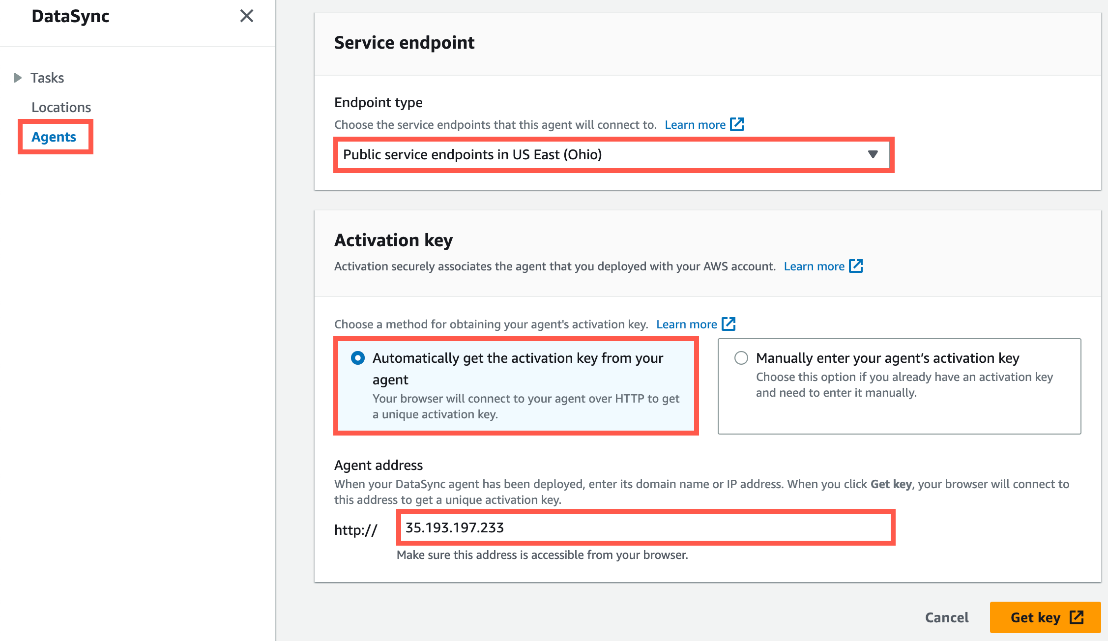 Select the Endpoint type and enter the public IP address of the DataSync agent to activate