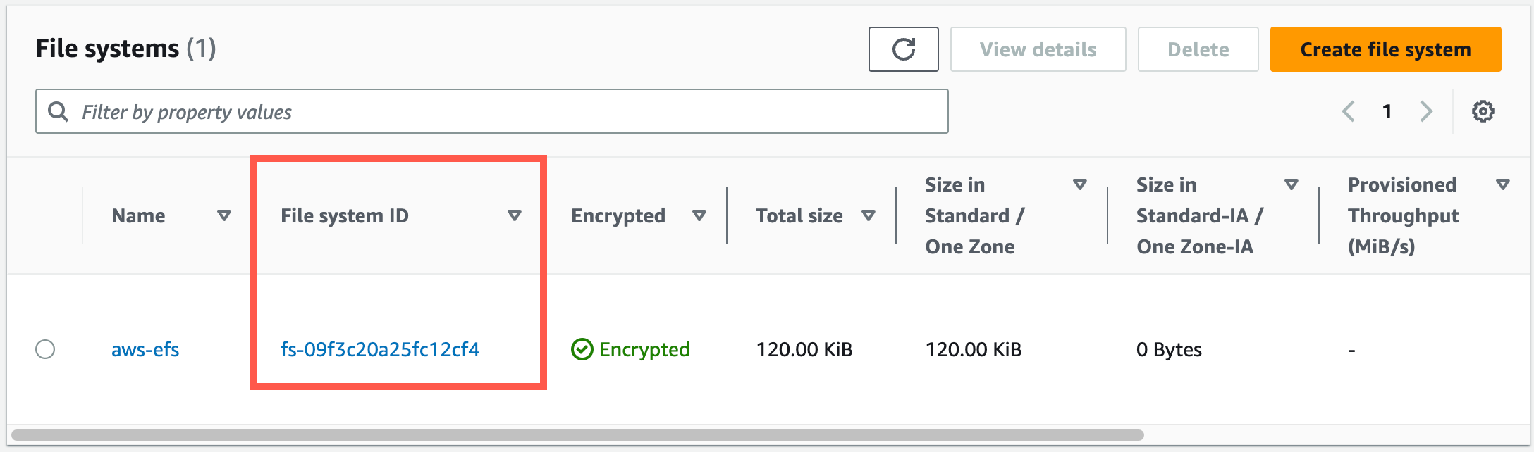 Amazon EFS file system used as a destination with File system ID