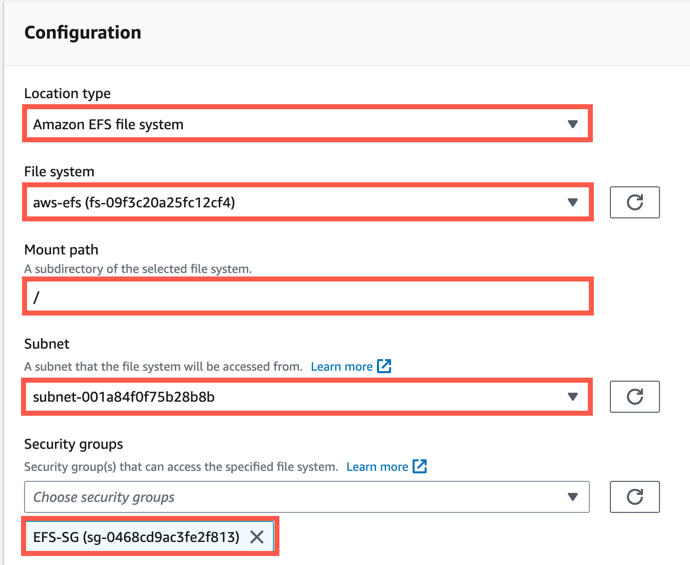 Configuration of a DataSync destination location for Amazon EFS
