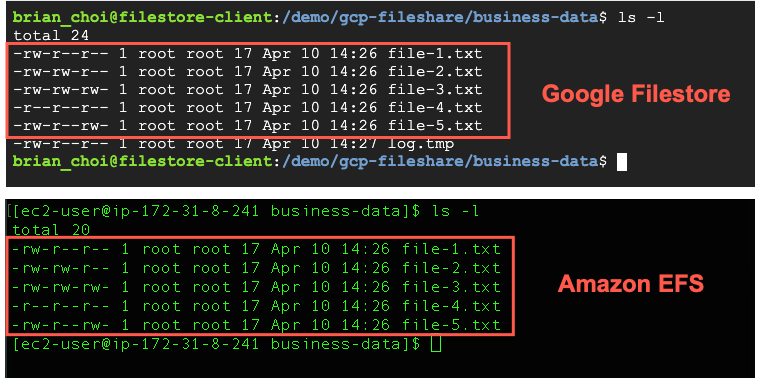 DataSync transferred files from Google Cloud Filestore to Amazon EFS excluding the log.tmp file.