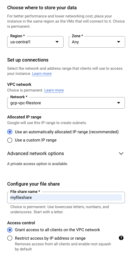 Google Cloud Filestore configuration for creating an instance with VPC network and file share