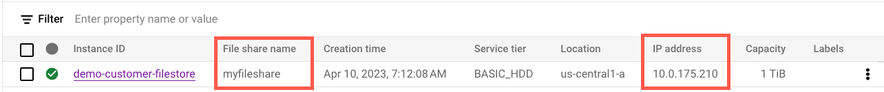 Google Cloud Filestore instance with file share name and IP address