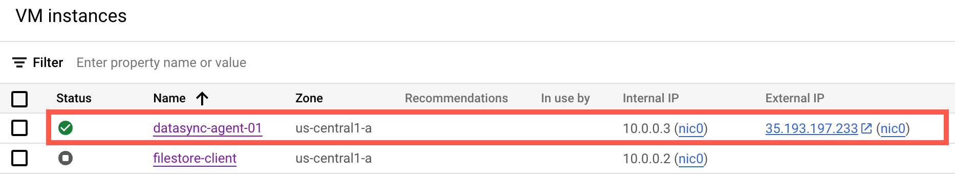 DataSync agent is deployed as Google Cloud Compute Engine virtual machine with an external IP address.