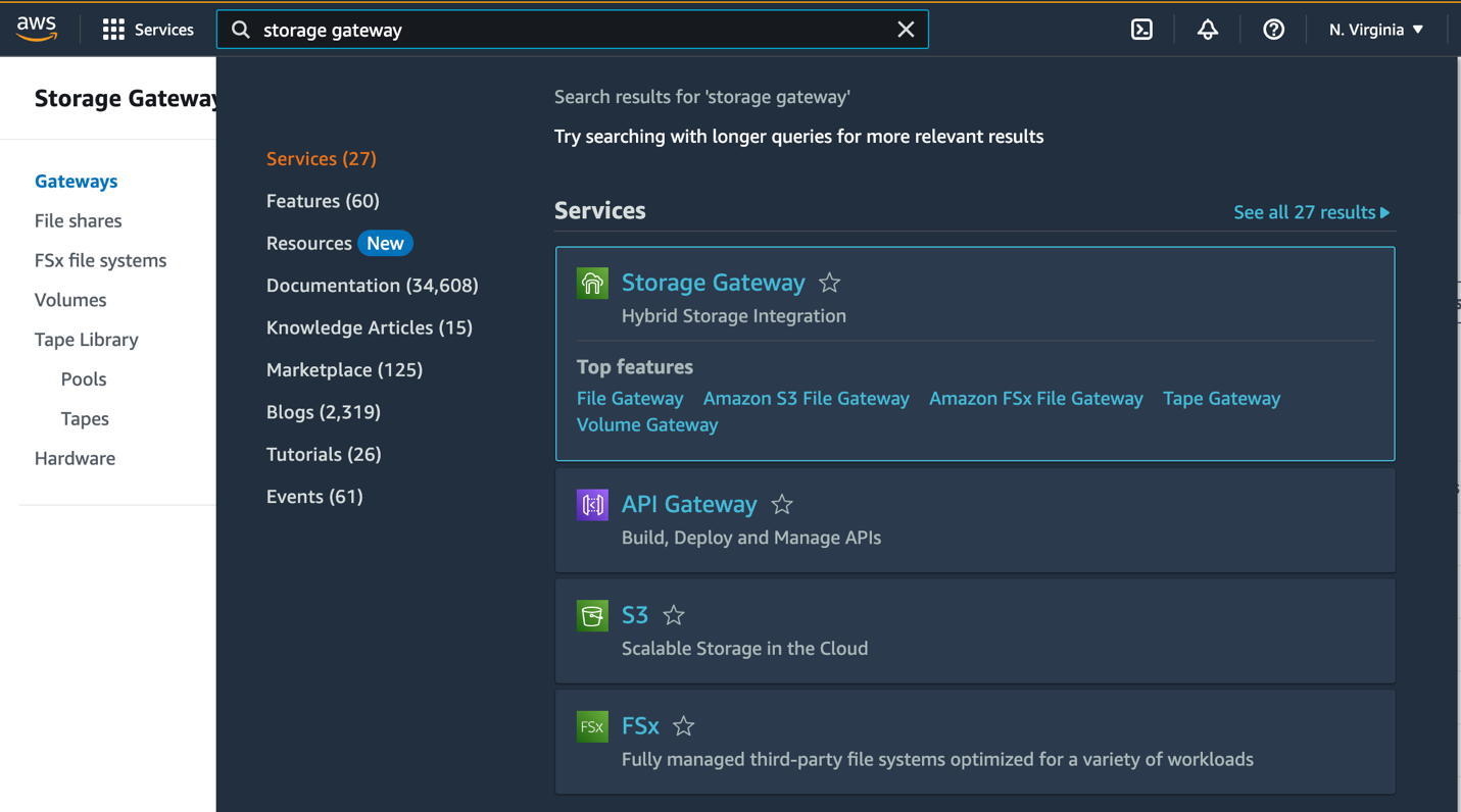 AWS Console to Storage Gateway
